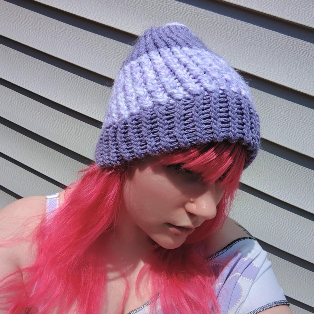 Handmade Purple & White Knit Beanie
